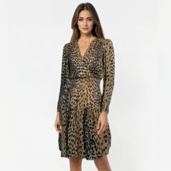 Rebecca Taylor Leopard Print Long Sleeve Plunged Neckline Mini Dress - Picture 1 of 16